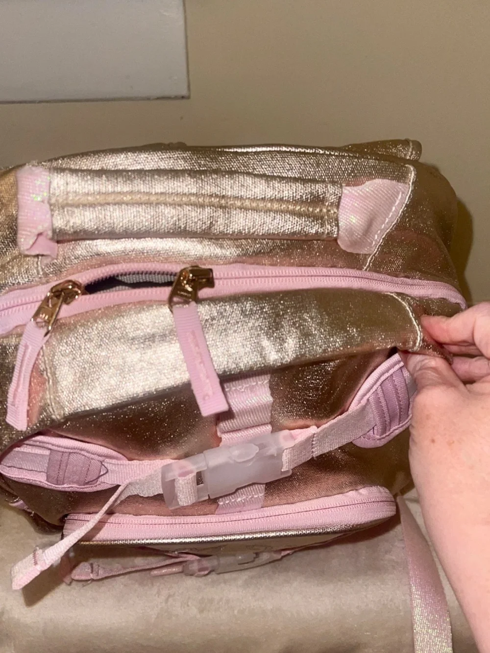 Metallic Gold Glitter Pottery Barn Kids Mackenzie Small Backpack Pink Bow